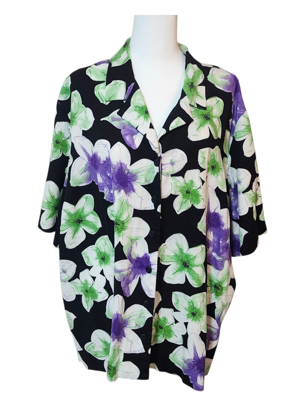 Penningtons Black Linen Blend Floral Button-Up Blouse with Green & Purple Blooms